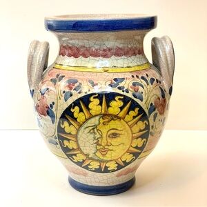 Vintage Italian Majolica Style Ceramic Vase Hand Painted Celestial & Flowers